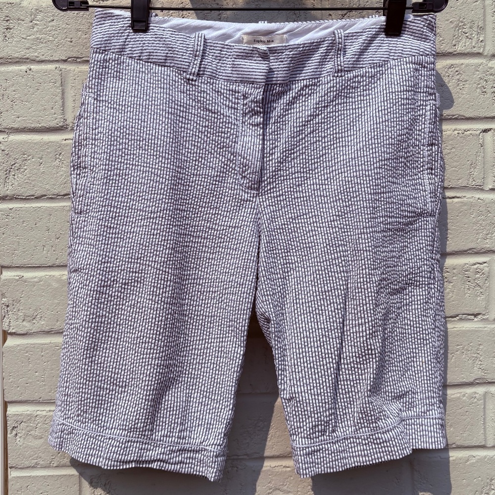 Sophie Max shorts stretch seersucker gray white 6